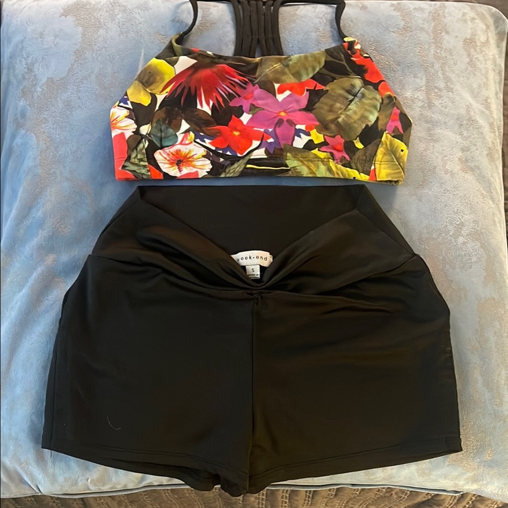 Colorful Floral Sports Bra and Black Shorts Set